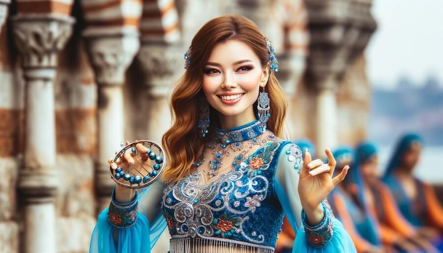 Smiling Belly Dancer with a Blue Costume